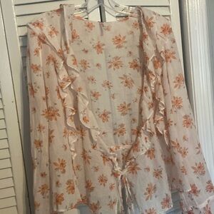 Free People Womens Amanda Floral Print Long Bell Sleeve Ruffle Wrap Top Large